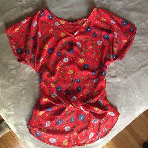 Red Floral Knot Tie Front Blouse- West Kei